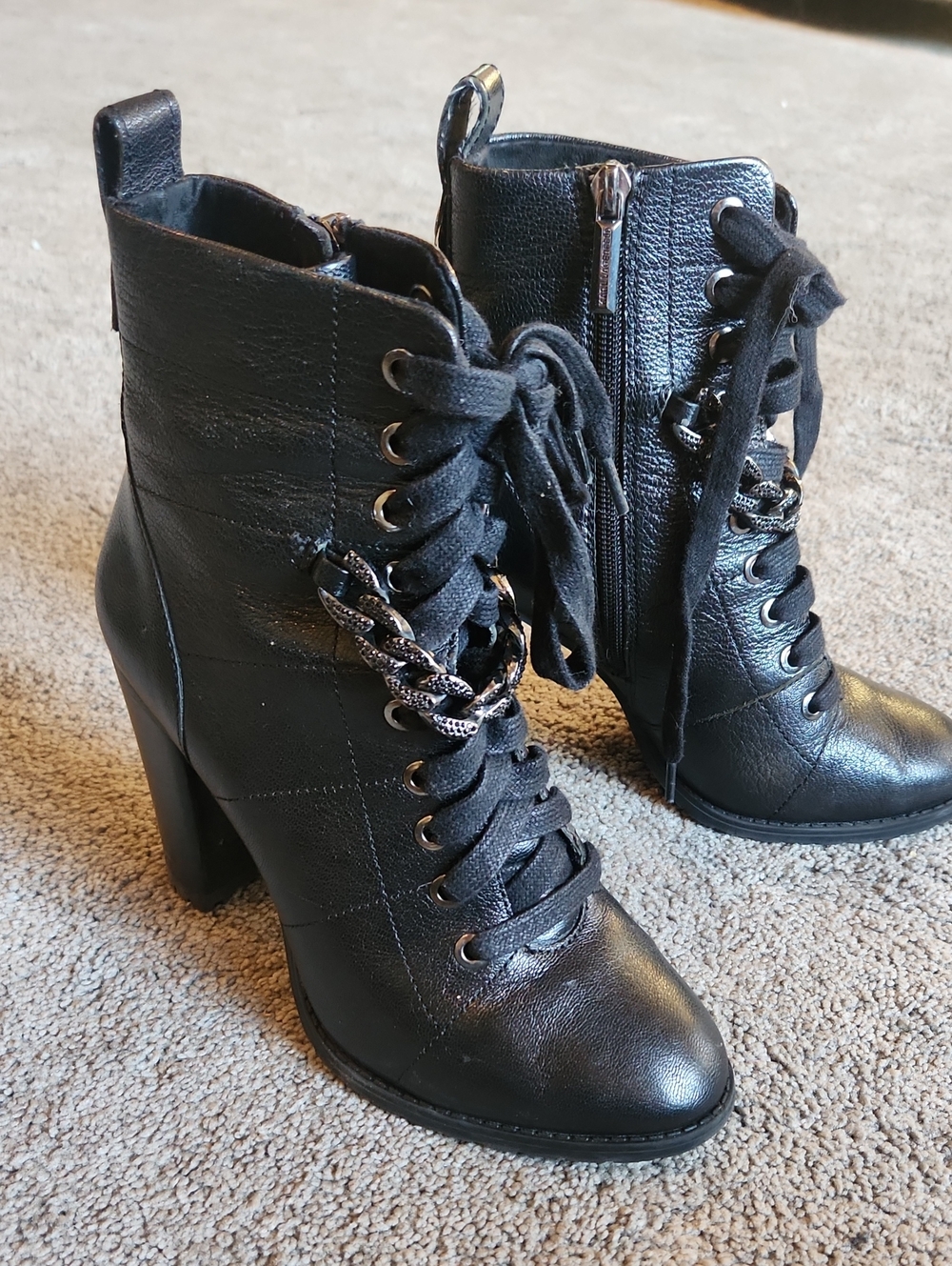 Karl Lagerfeld Black Lace-Up Chain-Detail High Heel Ankle Boots